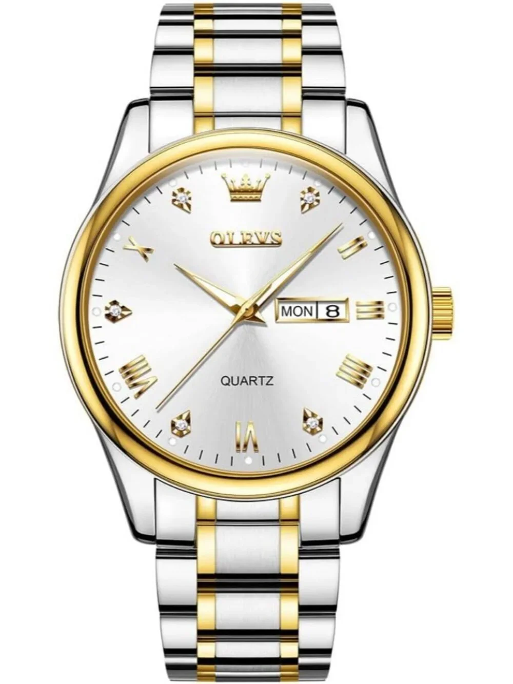 Men's Silver White Stainless Steel Analog Quartz Roman Numerals Diamond Watch